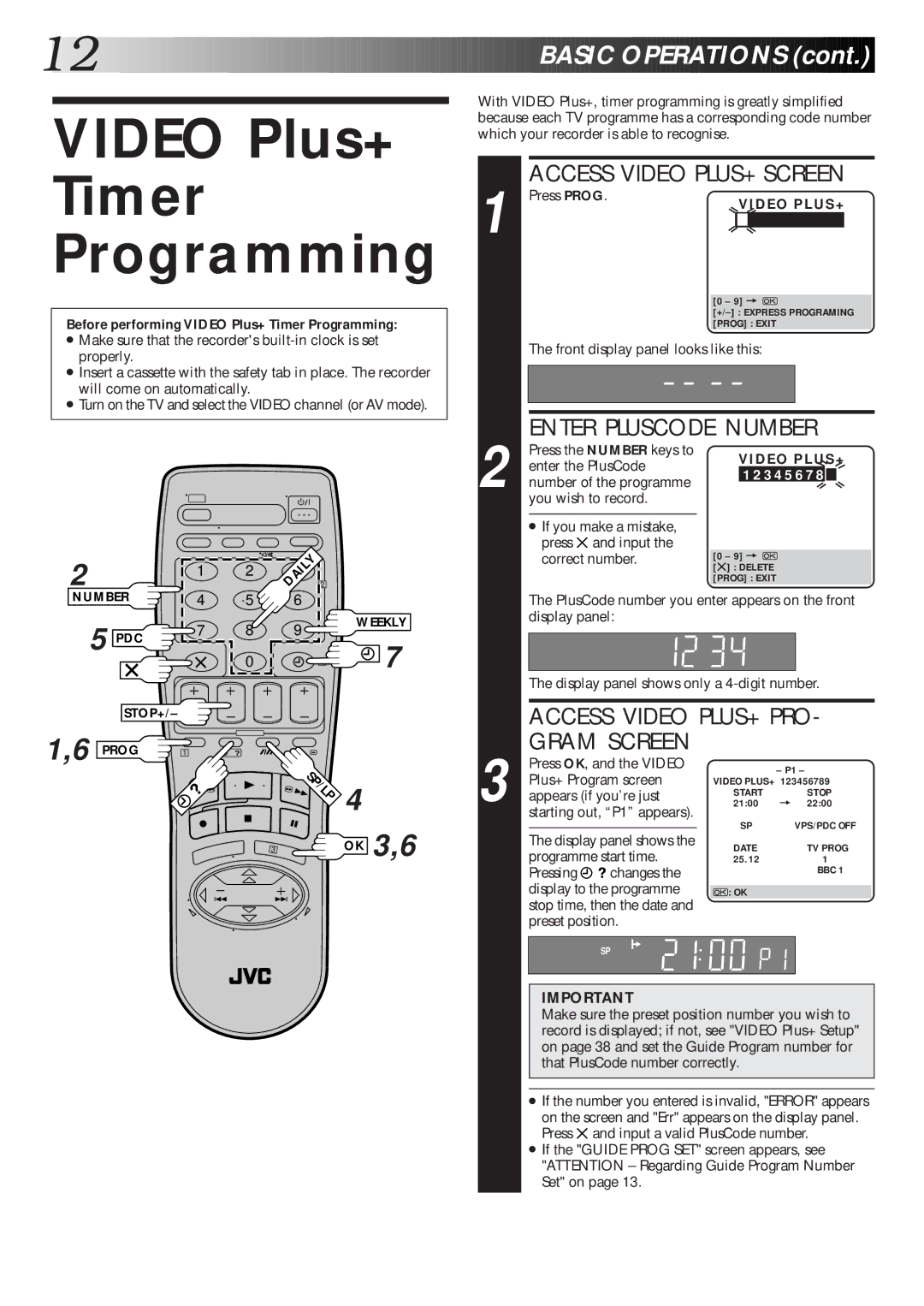 JVC HR-J465EK, HR-J265ES, HR-J265EK, HR-J260EK setup guide Video Plus+ Timer Programming 