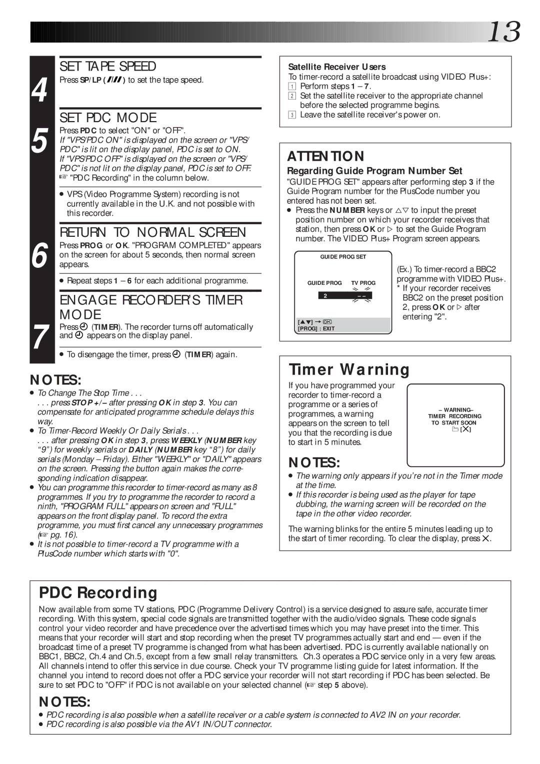 JVC HR-J265ES, HR-J465EK, HR-J265EK, HR-J260EK setup guide Timer Warning, PDC Recording, Satellite Receiver Users, Press SP/LP 