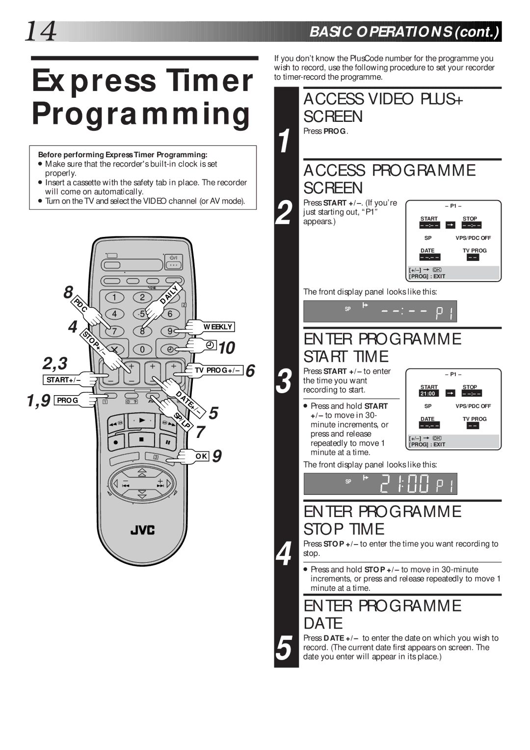 JVC HR-J265EK, HR-J465EK Express Timer Programming, Start Time, Enter Programme Stop Time, Enter Programme Date 