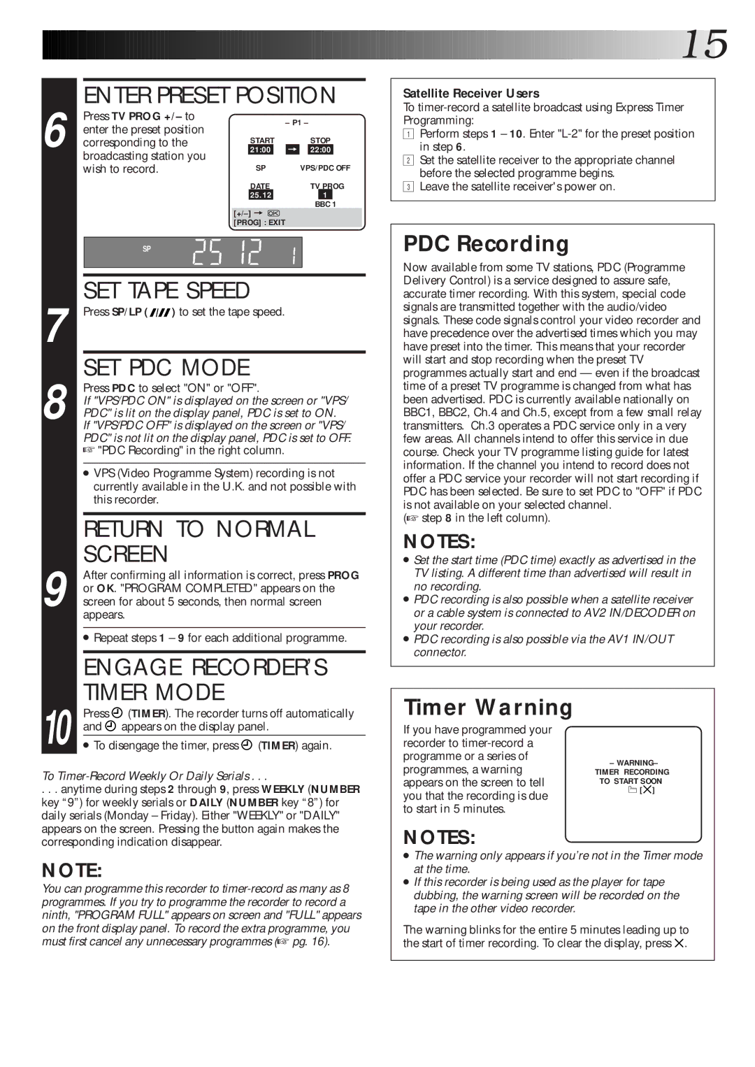 JVC HR-J260EK, HR-J465EK, HR-J265ES, HR-J265EK setup guide SET PDC Mode, Press TV Prog +/- to 