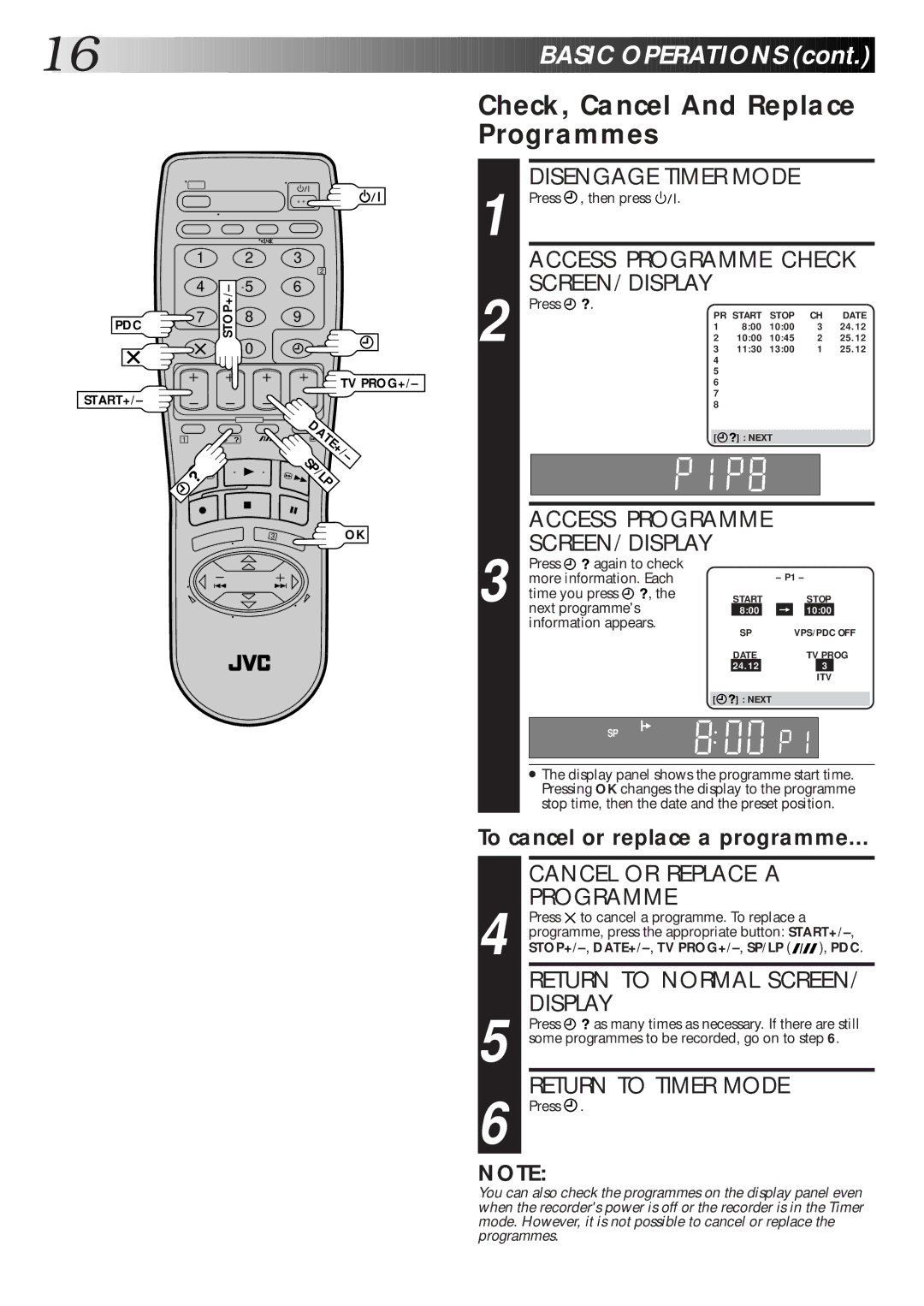 JVC HR-J465EK, HR-J265ES, HR-J265EK, HR-J260EK setup guide Check, Cancel And Replace Programmes 