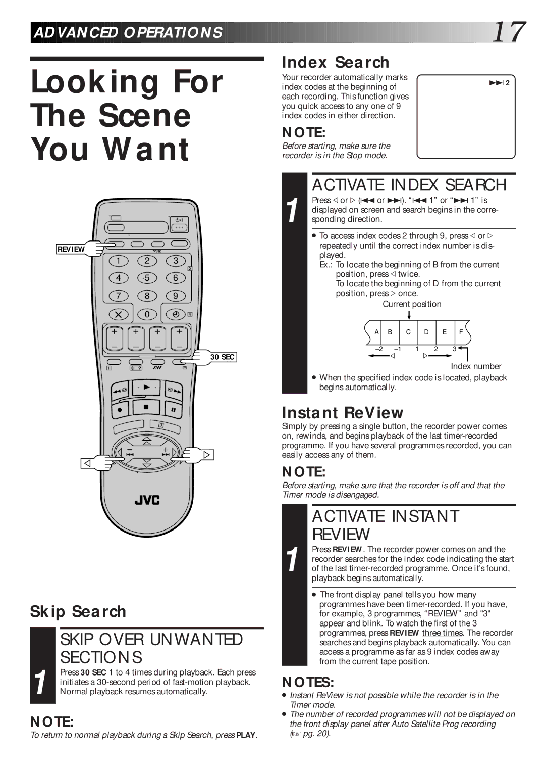 JVC HR-J265ES Looking For Scene You Want, Activate Index Search, Activate Instant Review, Skip Over Unwanted, Sections 
