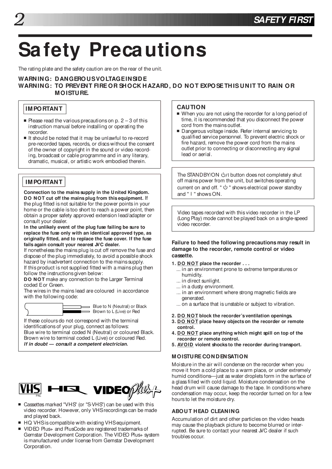 JVC HR-J265EK, HR-J465EK, HR-J265ES, HR-J260EK setup guide Safety Precautions, Do not place the recorder 