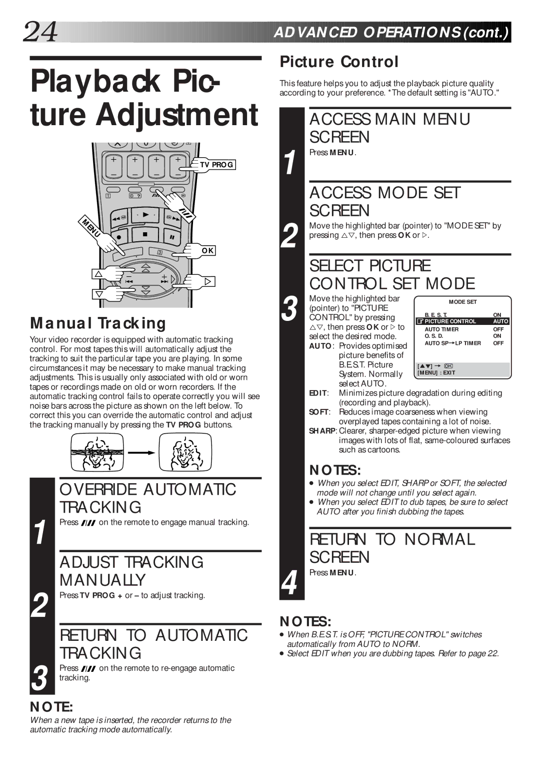 JVC HR-J465EK Screen, Access Mode SET, Select Picture Control SET Mode, Override Automatic Tracking, Adjust Tracking 