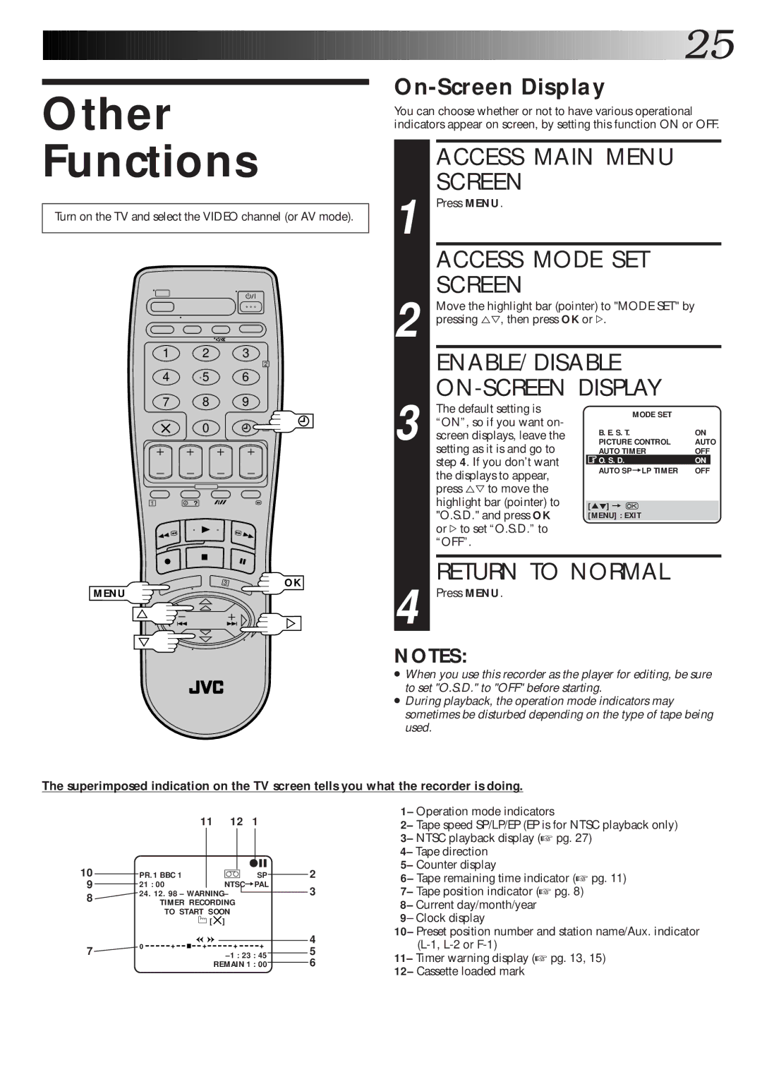 JVC HR-J265ES Other Functions, Access Main Menu Screen, Access Mode SET Screen, ENABLE/DISABLE ON-SCREEN Display 