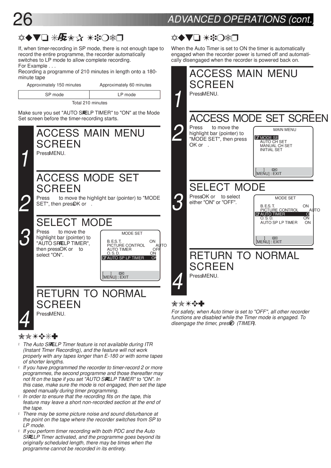 JVC HR-J265EK, HR-J465EK, HR-J265ES, HR-J260EK setup guide Select Mode, Auto SP→LP Timer, Auto Timer 