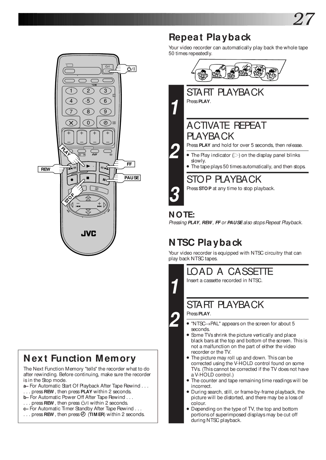 JVC HR-J260EK, HR-J465EK, HR-J265ES, HR-J265EK Activate Repeat, Repeat Playback, Ntsc Playback, Next Function Memory 