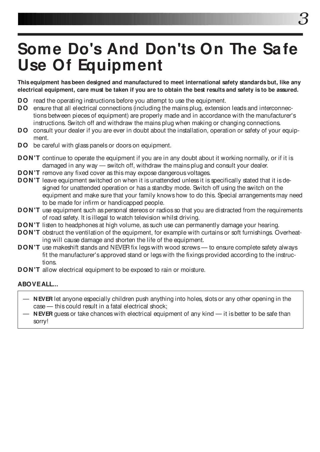 JVC HR-J260EK, HR-J465EK, HR-J265ES, HR-J265EK setup guide Some Dos And Donts On The Safe Use Of Equipment 