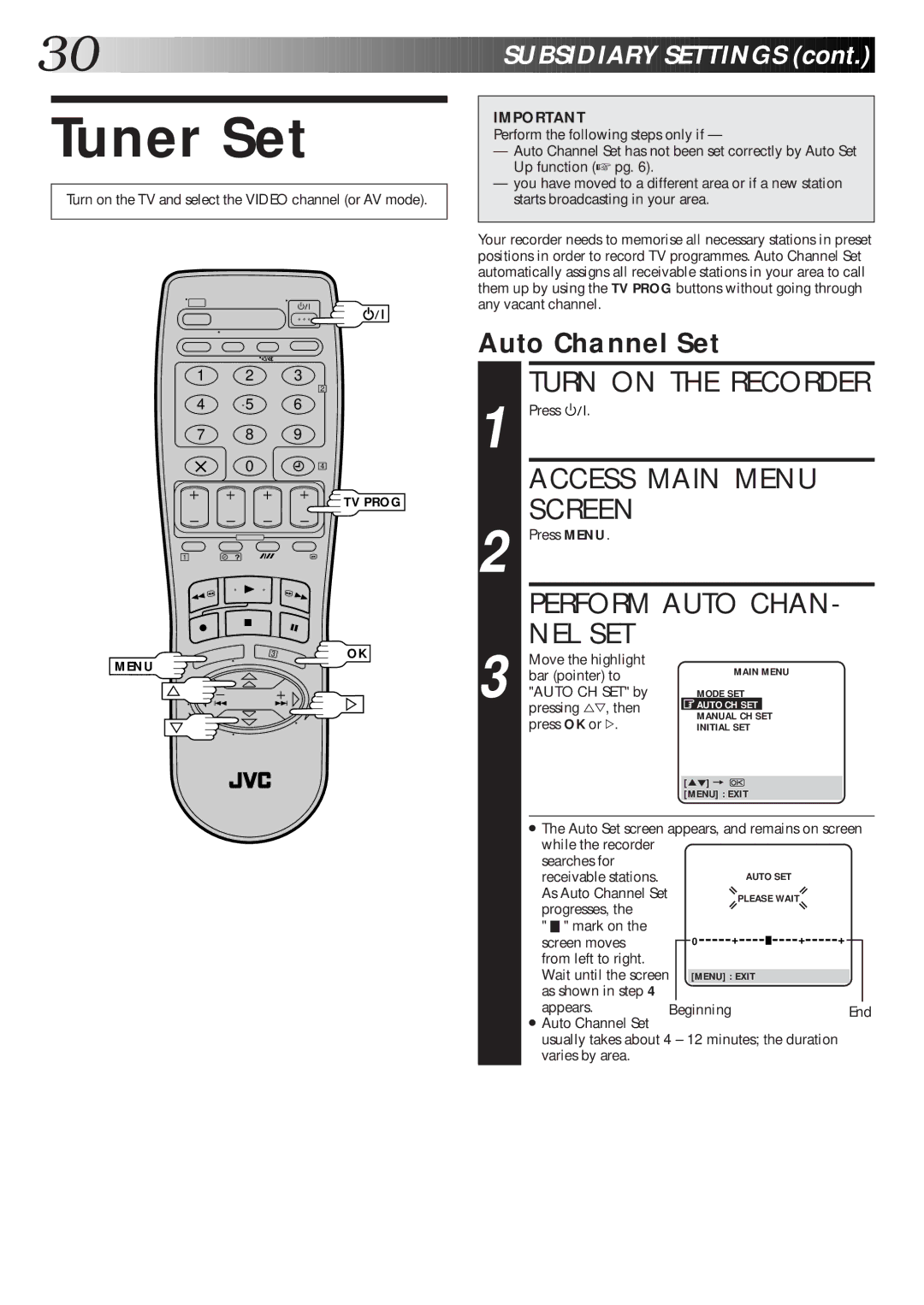 JVC HR-J265EK, HR-J465EK, HR-J265ES, HR-J260EK Tuner Set, Access Main Menu, Perform Auto Chan, Nel Set, Auto Channel Set 