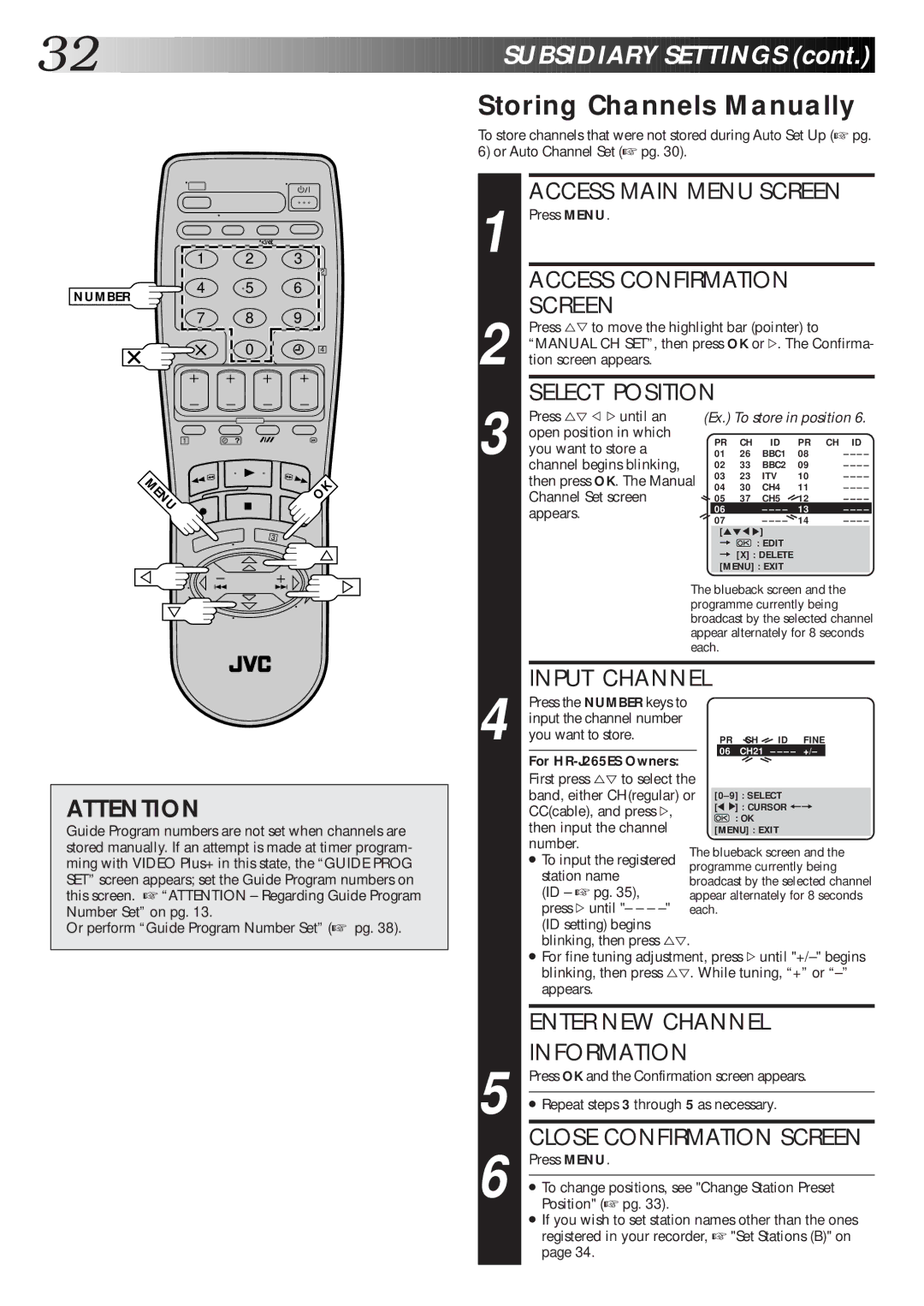 JVC HR-J465EK, HR-J265ES, HR-J265EK, HR-J260EK setup guide Storing Channels Manually 