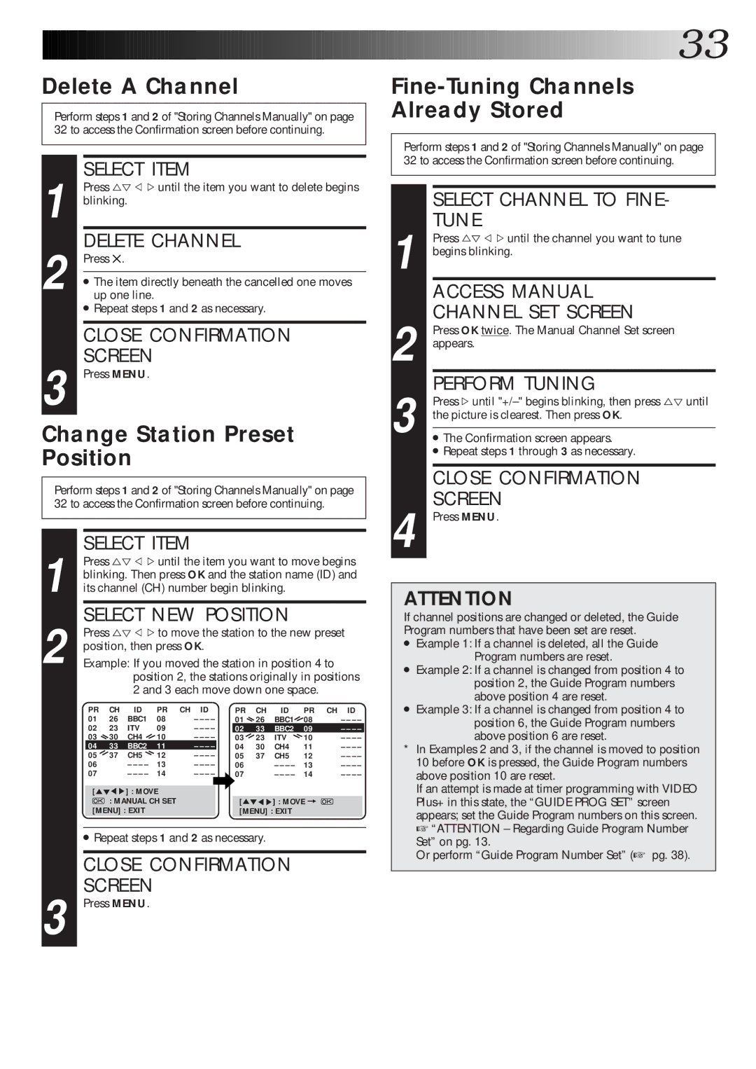 JVC HR-J265ES, HR-J465EK, HR-J265EK Delete a Channel, Change Station Preset Position, Fine-Tuning Channels Already Stored 