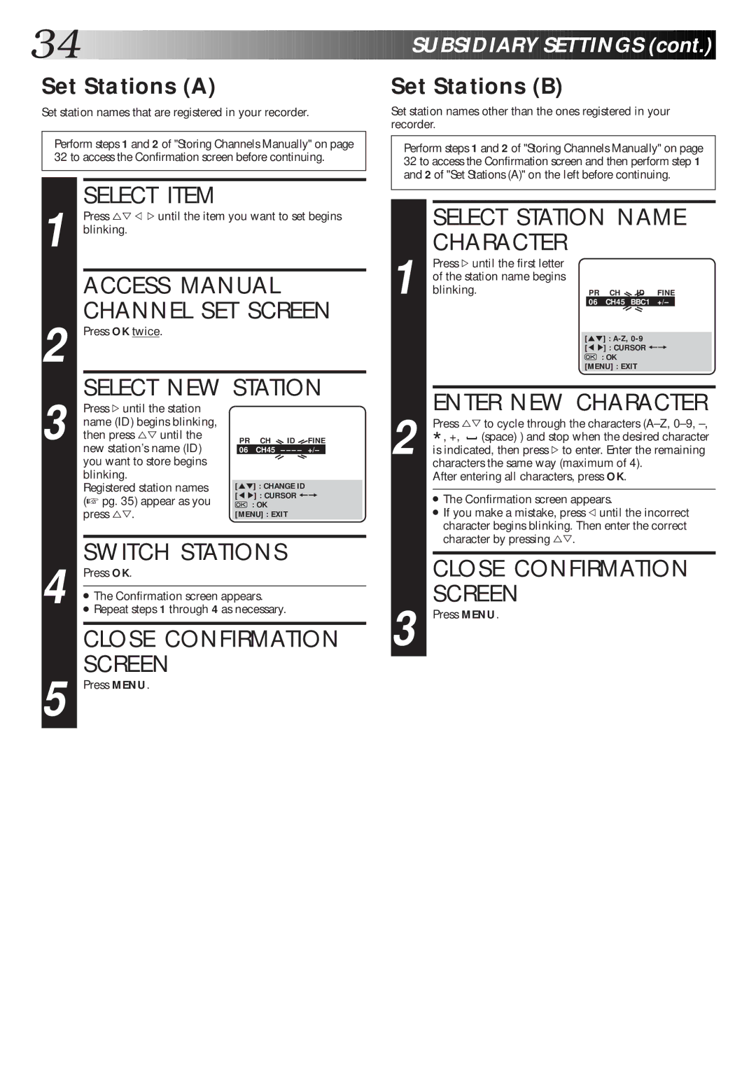 JVC HR-J265EK, HR-J465EK Access Manual Channel SET Screen, Select NEW Station, Switch Stations, Close Confirmation 