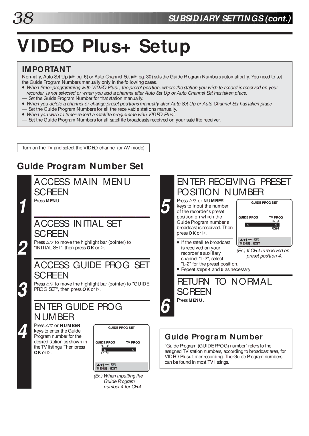 JVC HR-J265EK Video Plus+ Setup, Access Initial SET Screen, Access Guide Prog SET Screen, Enter Guide Prog Number 