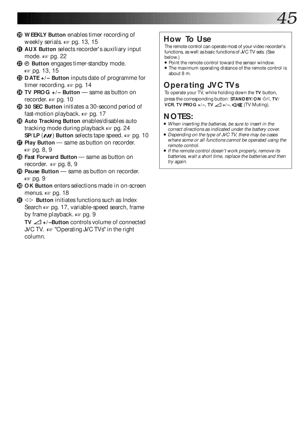 JVC HR-J265ES, HR-J465EK, HR-J265EK Auto Tracking Button enables/disables auto, VCR, TV Prog +/-,TV +/-, TV Muting 