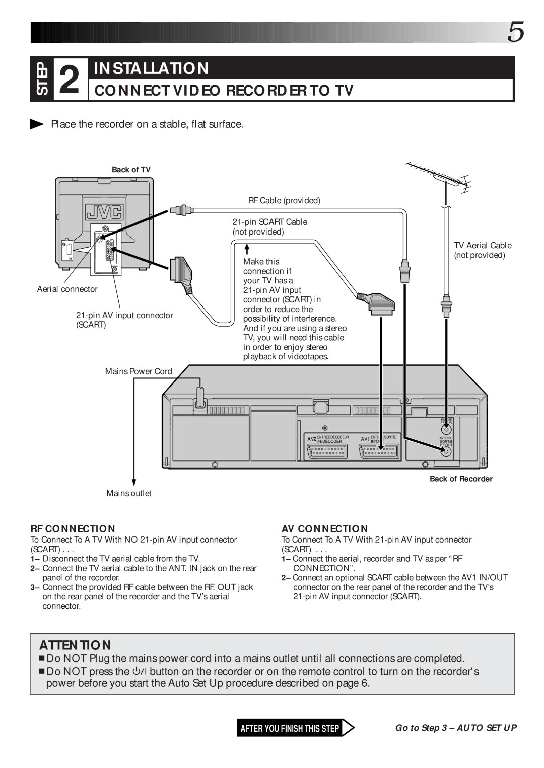 JVC HR-J265ES, HR-J465EK, HR-J265EK, HR-J260EK setup guide Back of TV, Back of Recorder, Mains outlet 