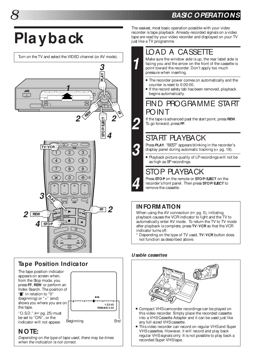 JVC HR-J465EK, HR-J265ES, HR-J265EK, HR-J260EK setup guide Load a Cassette, Point, Start Playback, Stop Playback 