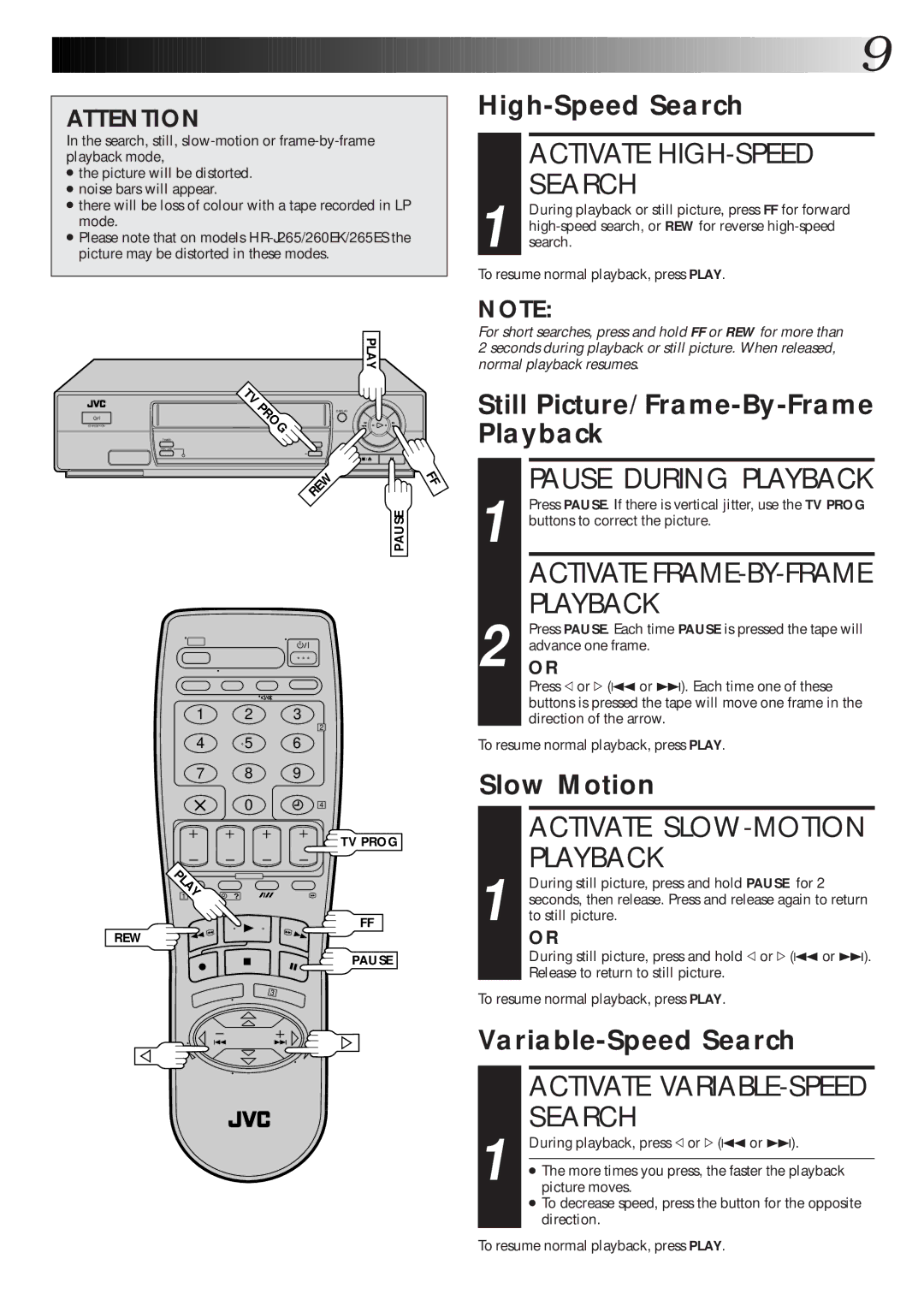 JVC HR-J265ES, HR-J465EK, HR-J265EK, HR-J260EK setup guide Activate HIGH-SPEED Search, Activate SLOW-MOTION Playback 