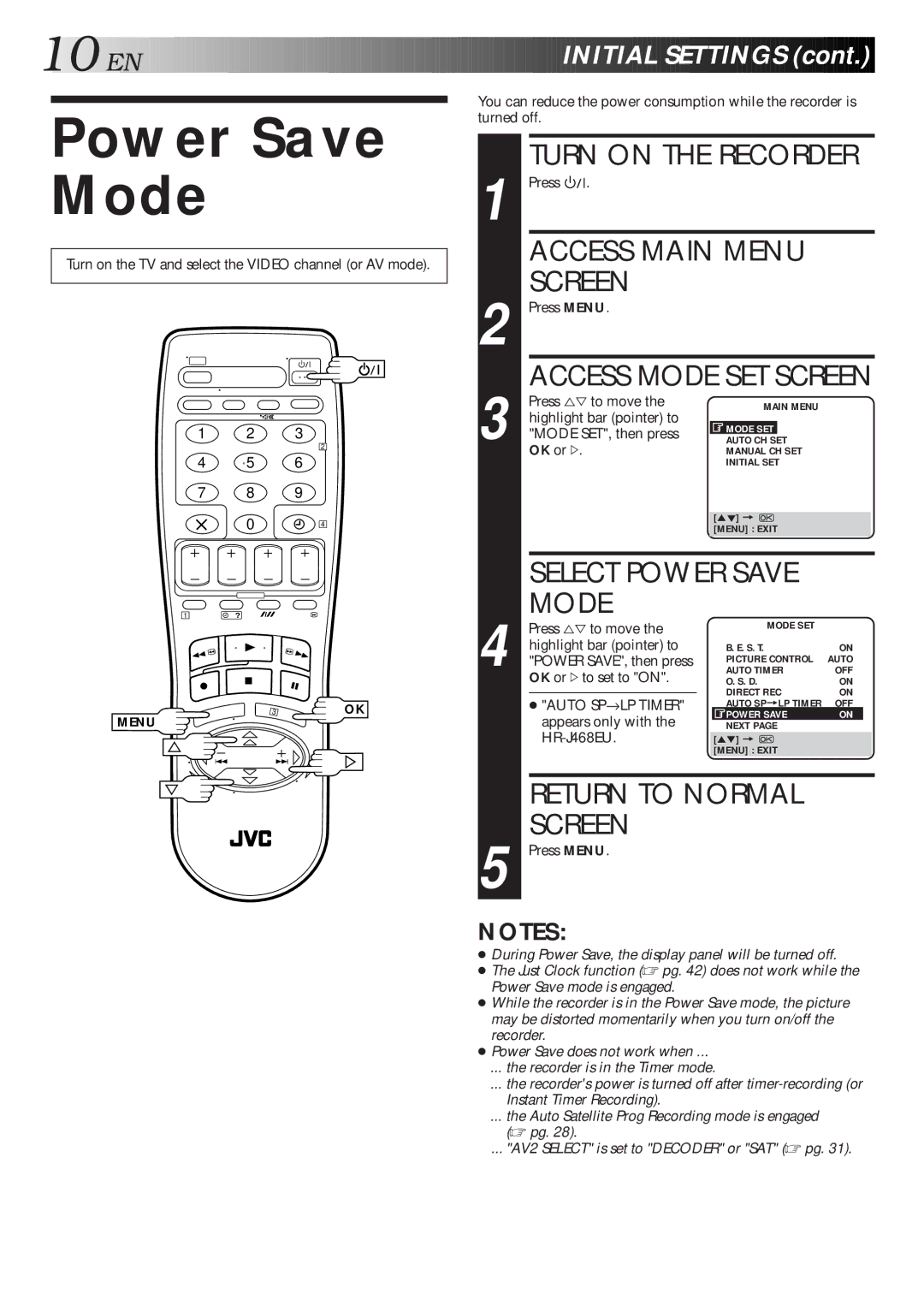 JVC HR-J311EU, HR-J468EU, HR-J268EU specifications Power Save Mode 