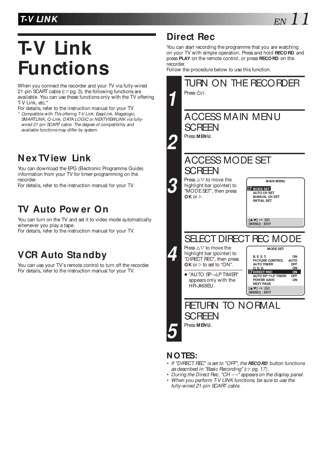 JVC HR-J268EU Link Functions, Access Mode SET Screen, NexTView Link, TV Auto Power On, VCR Auto Standby Direct Rec 