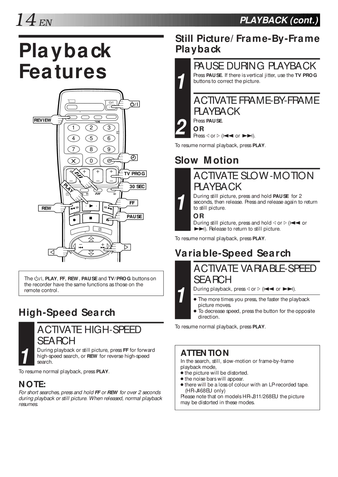 JVC HR-J268EU, HR-J468EU, HR-J311EU specifications Playback Features, Activate HIGH-SPEED Search 