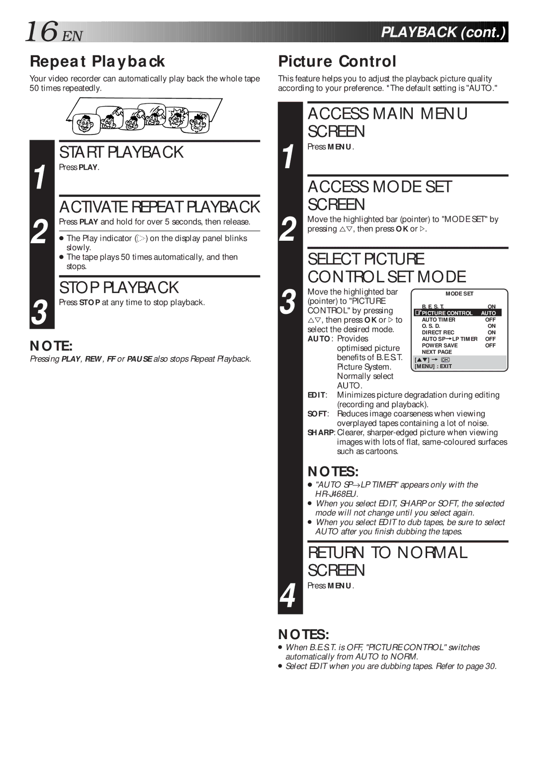 JVC HR-J311EU Select Picture Control SET Mode, Repeat Playback, Auto SP→LP Timer appears only with the HR-J468EU 