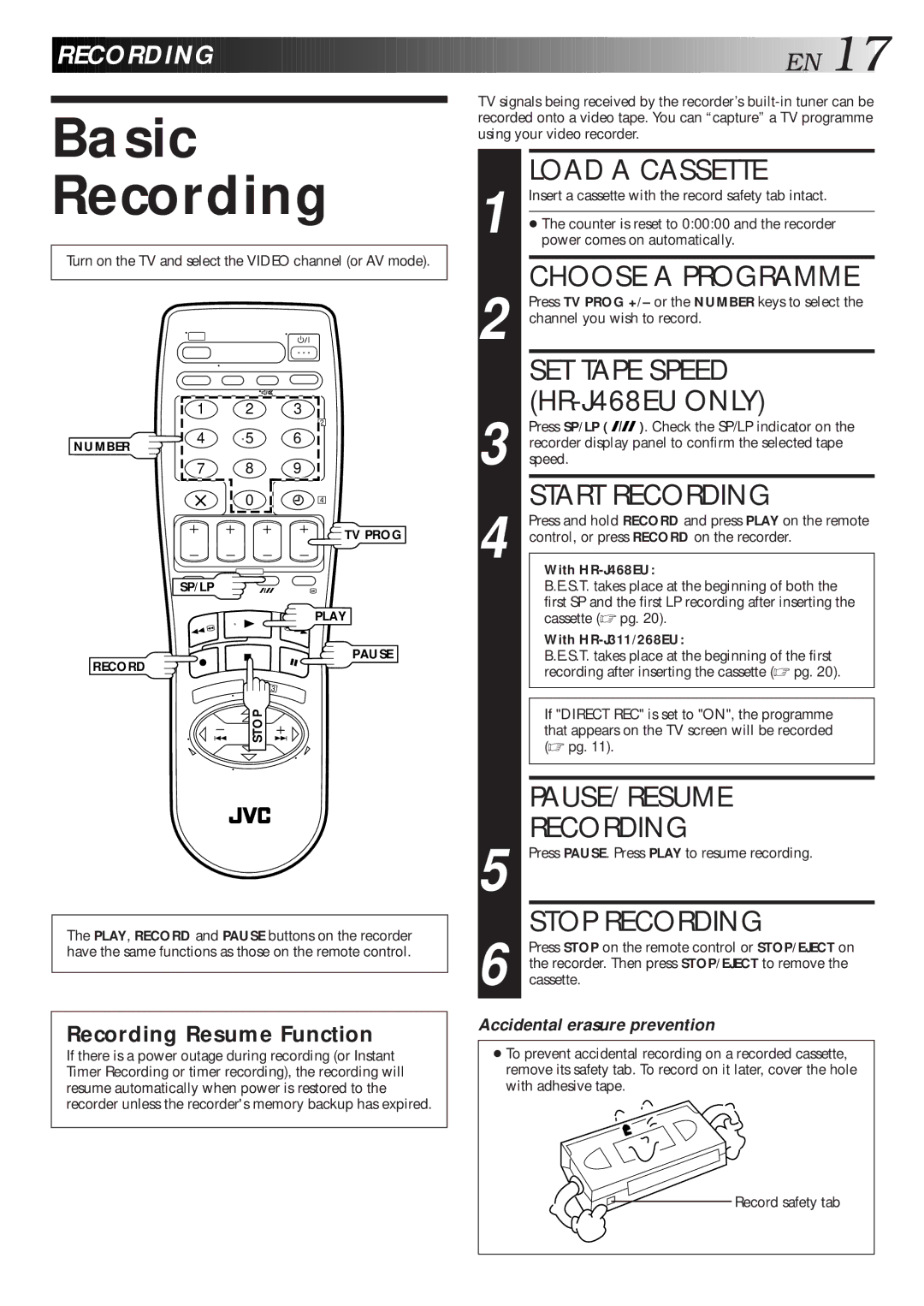 JVC HR-J268EU, HR-J468EU, HR-J311EU specifications Basic Recording 