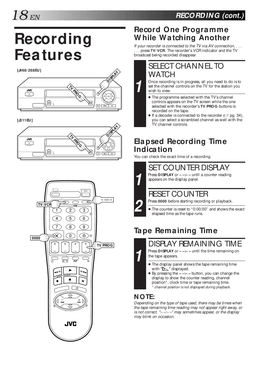 JVC HR-J468EU Recording Features, Select Channel to Watch, SET Counter Display, Reset Counter, Display Remaining Time 