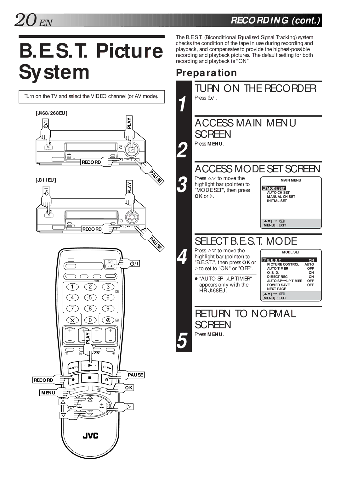 JVC HR-J268EU, HR-J468EU, HR-J311EU specifications S.T. Picture System, Preparation, #to set to on or OFF 