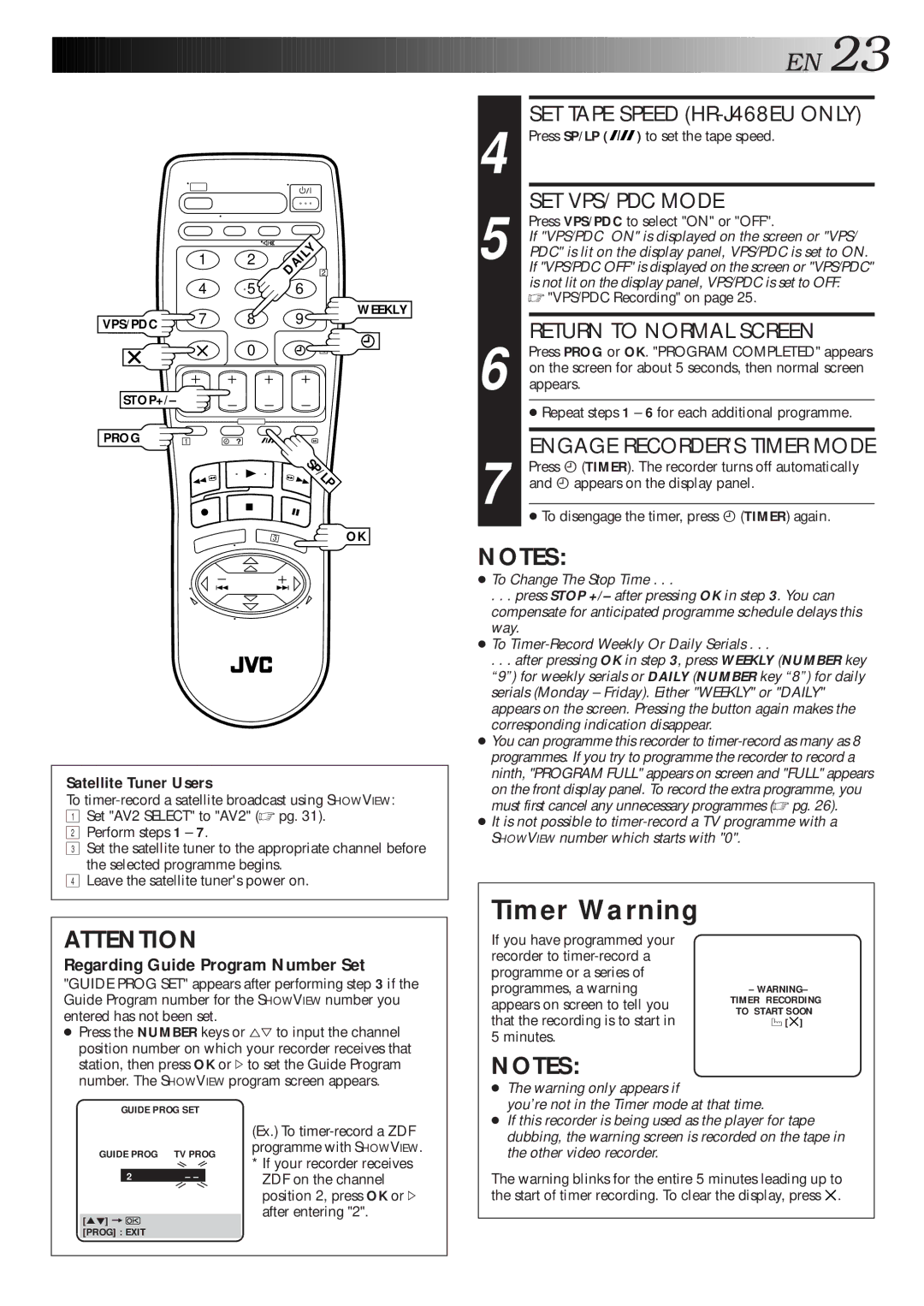 JVC HR-J268EU, HR-J468EU, HR-J311EU specifications Timer Warning, Satellite Tuner Users, Press SP/LP 