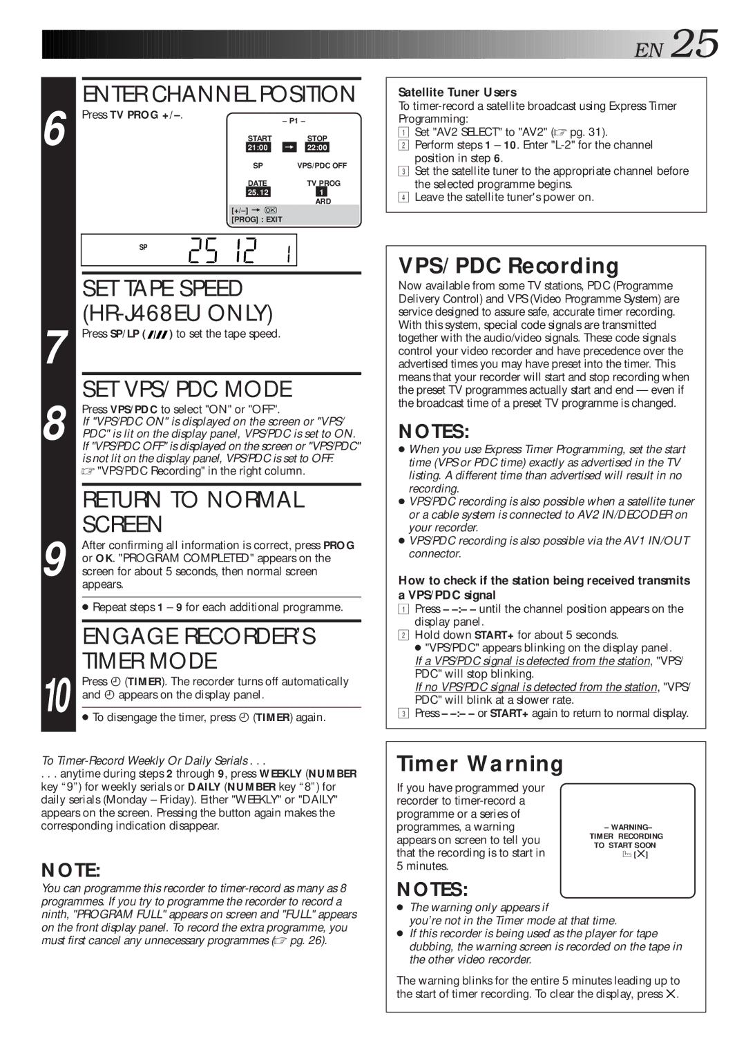 JVC HR-J311EU, HR-J268EU SET Tape Speed HR-J468EU only, SET VPS/PDC Mode, Engage RECORDER’S, Timer Mode, VPS/PDC Recording 