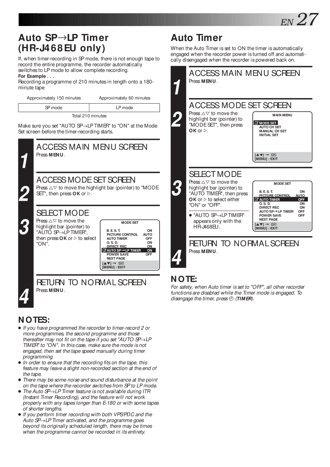 JVC HR-J311EU, HR-J268EU Auto SP→LP Timer HR-J468EU only, Auto Timer, For Example, OK or #to select either, On or OFF 