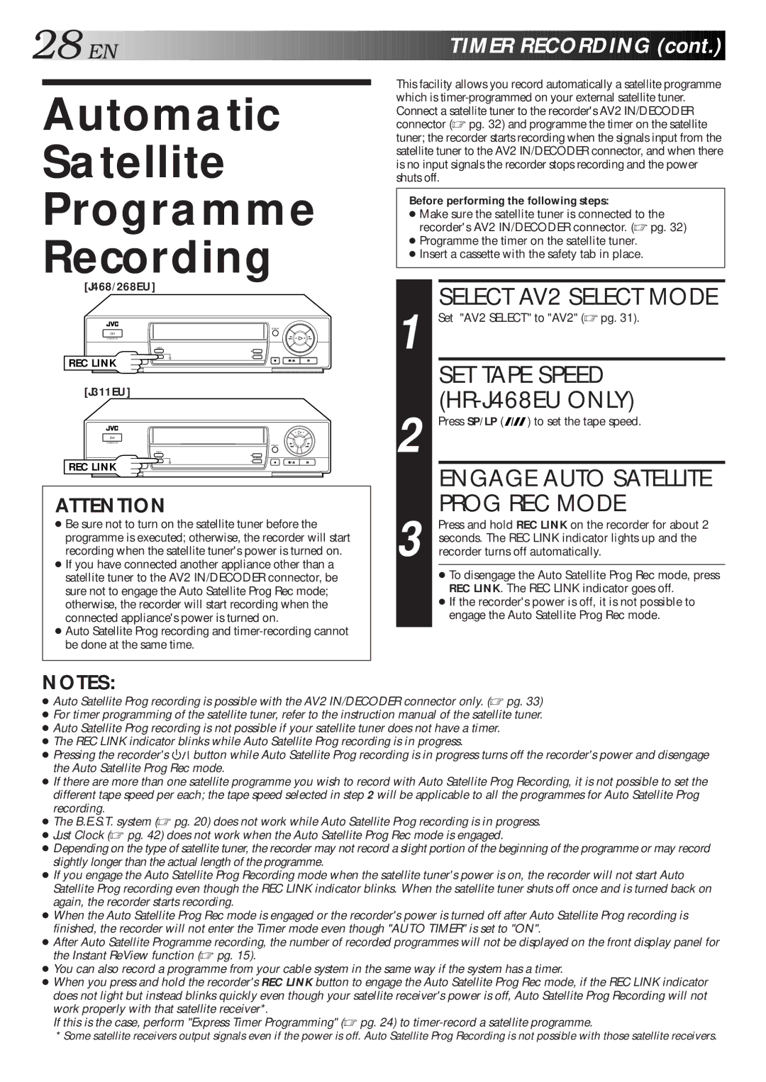 JVC HR-J311EU, HR-J468EU Automatic Satellite Programme Recording, Prog REC Mode, Before performing the following steps 