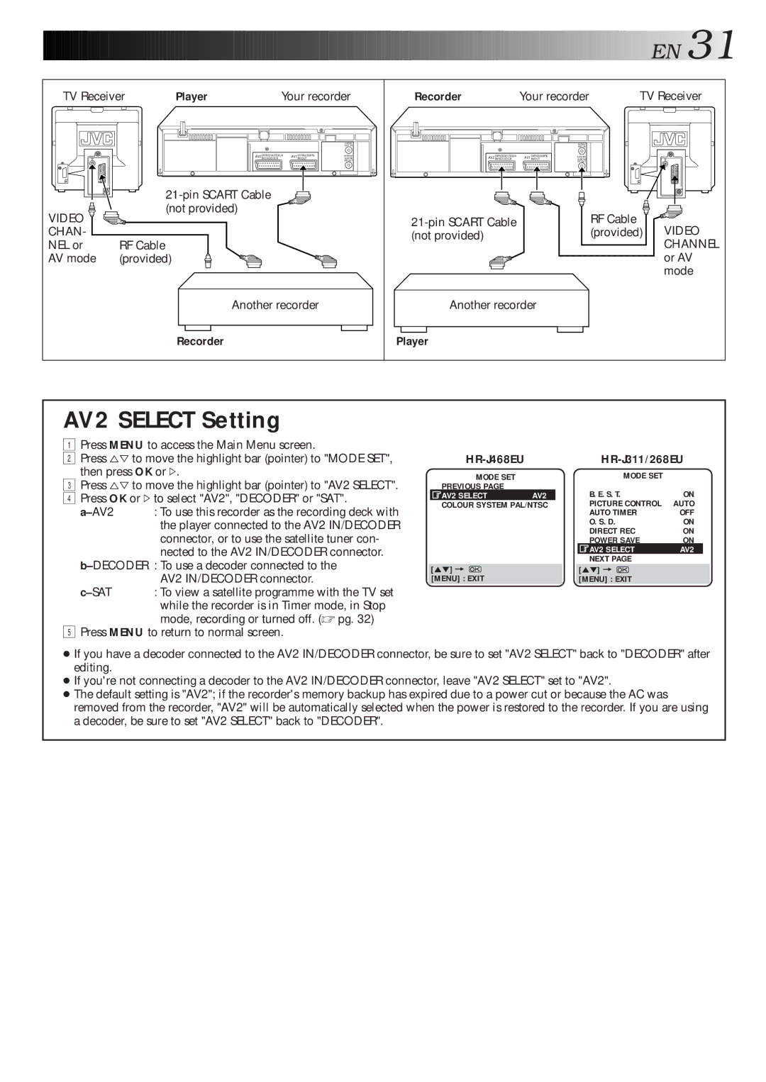 JVC HR-J311EU, HR-J268EU specifications AV2 Select Setting, Recorder, HR-J468EU HR-J311/268EU 