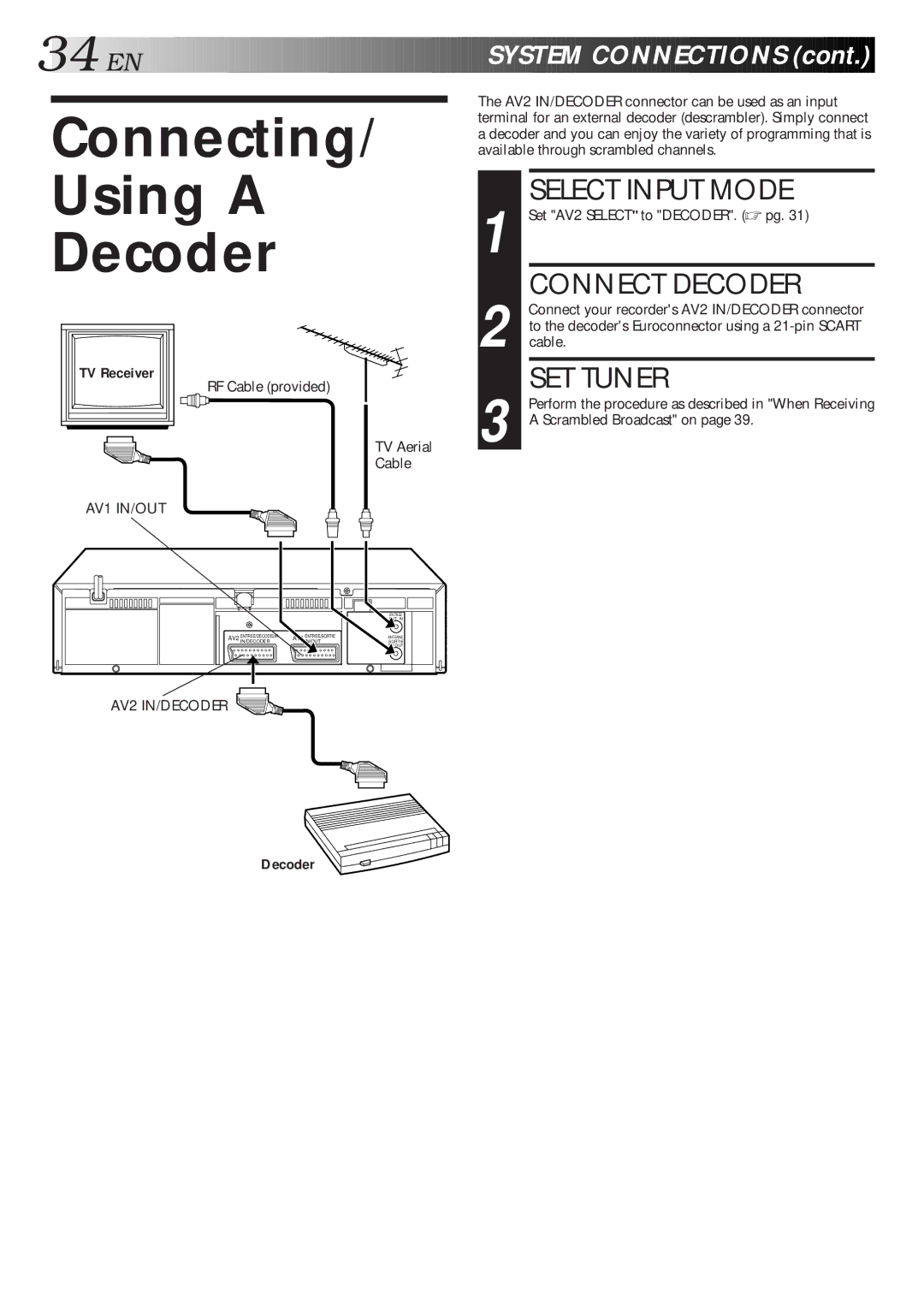 JVC HR-J311EU, HR-J468EU, HR-J268EU specifications Connecting Using a Decoder, Select Input Mode, Connect Decoder, SET Tuner 