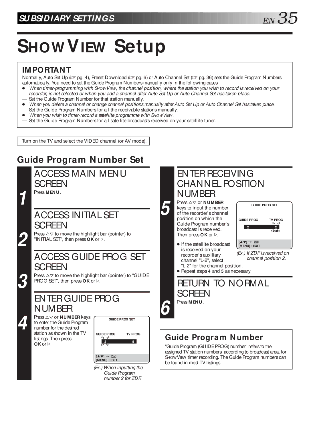 JVC HR-J268EU, HR-J468EU, HR-J311EU Showview Setup, Enter Receiving Channel Position Number, Guide Program Number Set 