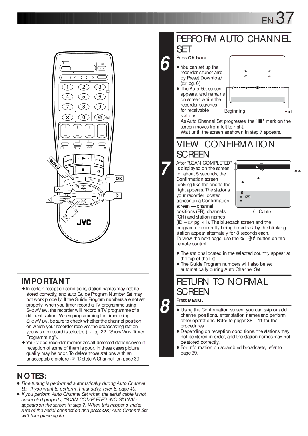 JVC HR-J311EU, HR-J468EU, HR-J268EU specifications Perform Auto Channel SET, View Confirmation Screen 