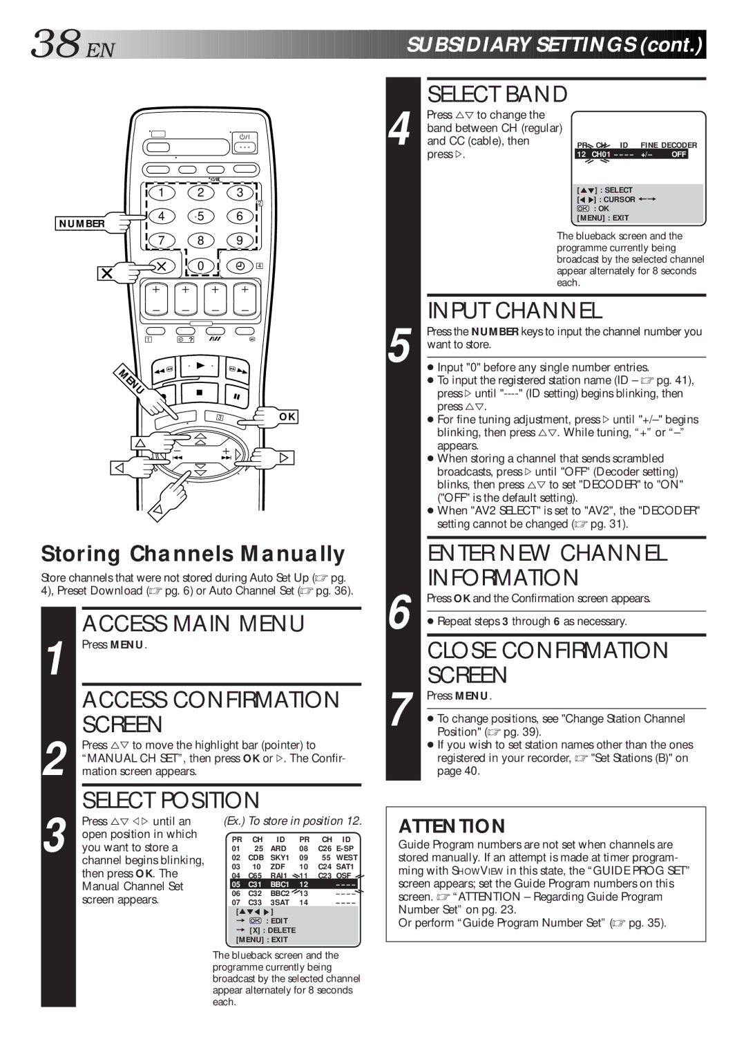 JVC HR-J268EU, HR-J468EU, HR-J311EU specifications Storing Channels Manually 