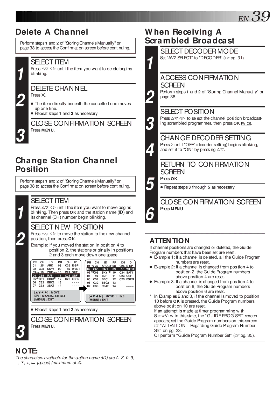 JVC HR-J468EU, HR-J311EU, HR-J268EU Delete a Channel, Change Station Channel Position, When Receiving a Scrambled Broadcast 