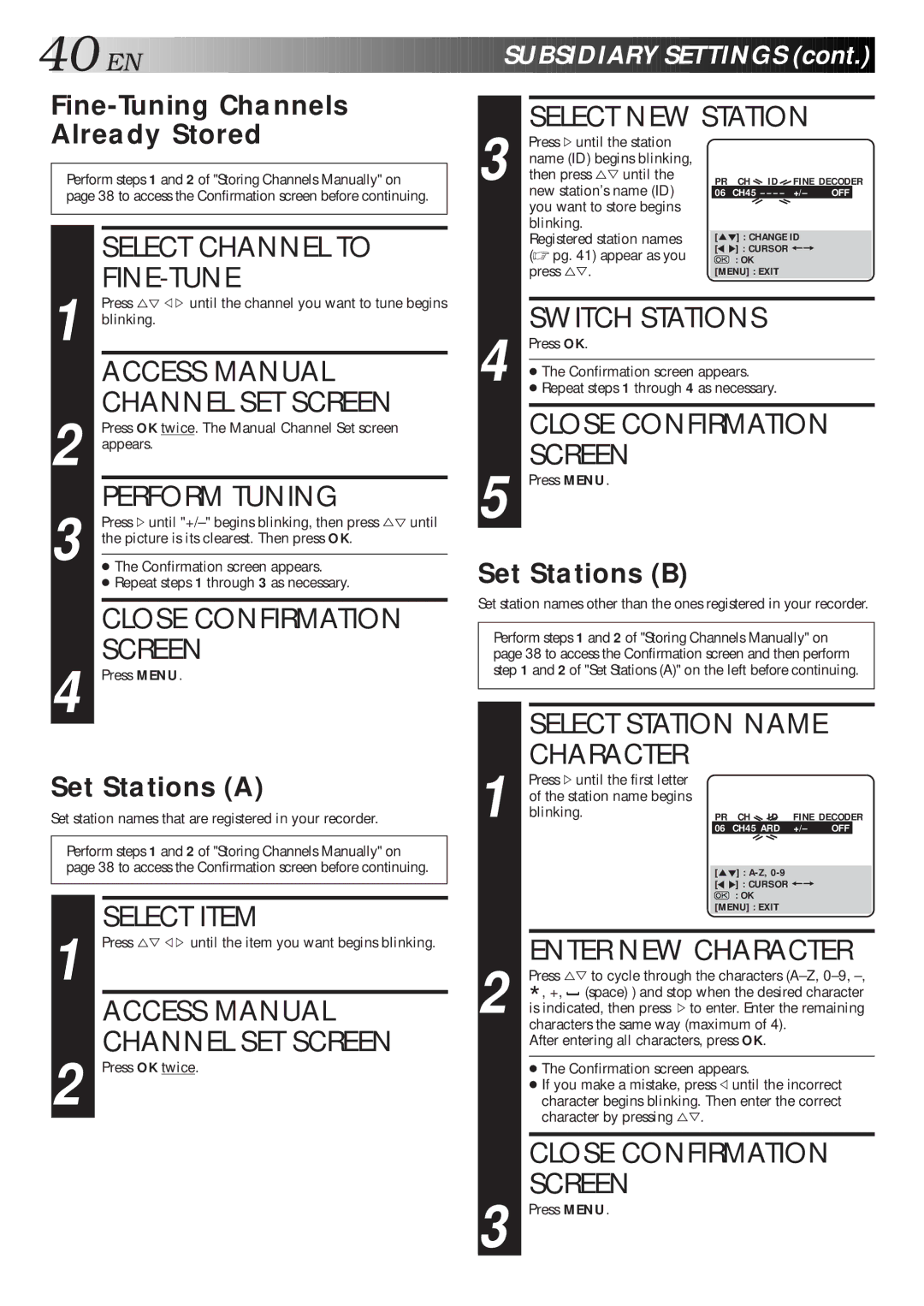 JVC HR-J311EU Select Channel to FINE-TUNE, Access Manual Channel SET Screen, Perform Tuning, Select Item, Switch Stations 