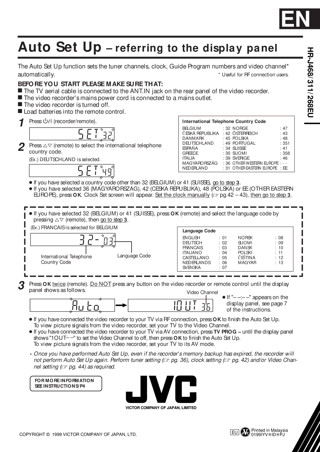 JVC HR-J311EU, HR-J468EU, HR-J268EU Auto Set Up referring to the display panel, Ex. Francais is selected for Belgium 