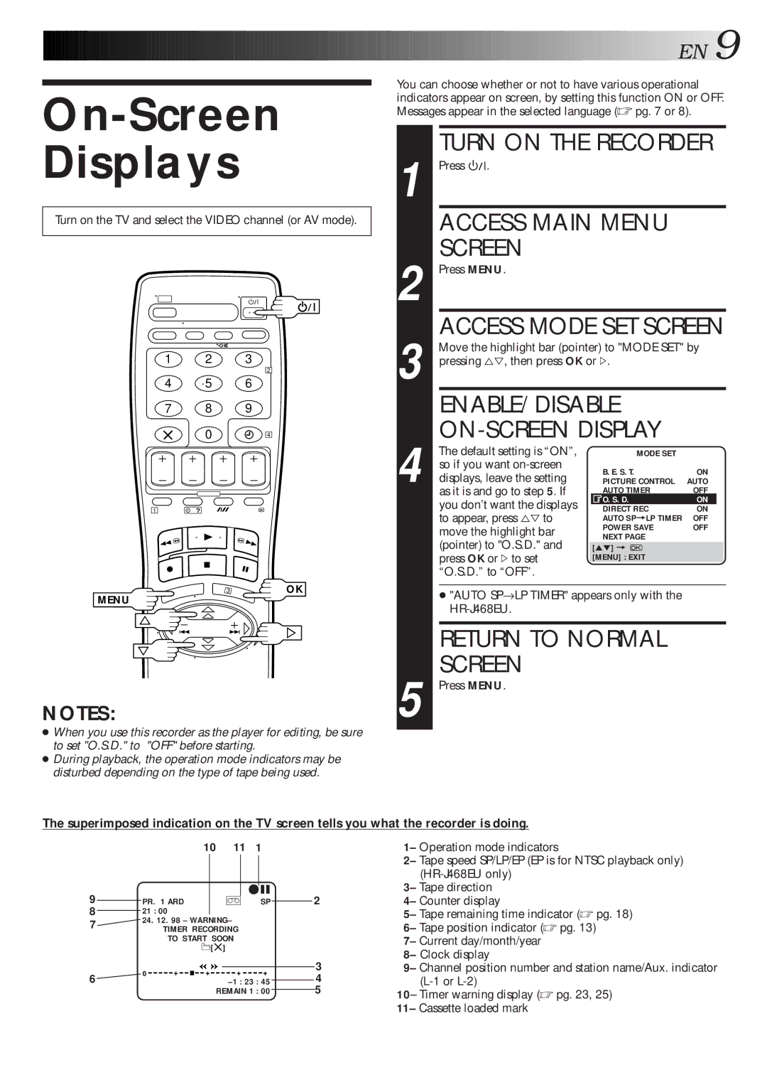 JVC HR-J468EU On-Screen Displays, Access Main Menu Screen, ENABLE/DISABLE ON-SCREEN Display, Return to Normal Screen 