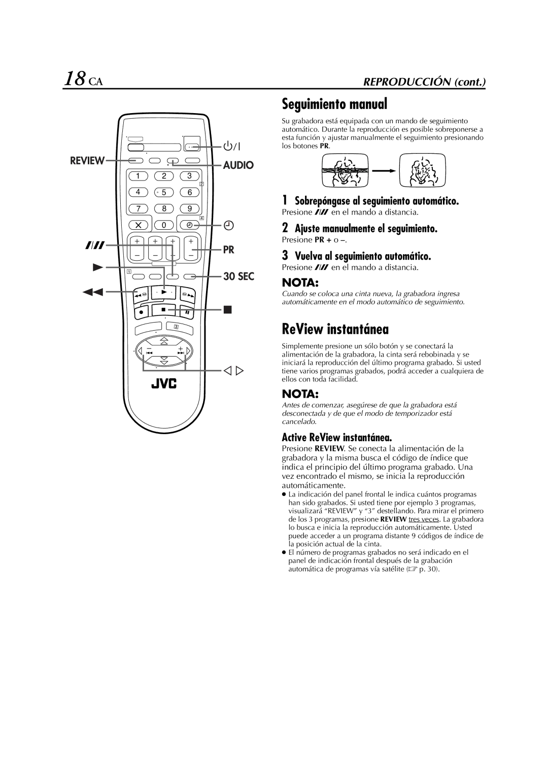 JVC HR-J670EU Seguimiento manual, ReView instantánea, Ajuste manualmente el seguimiento, Vuelva al seguimiento automático 