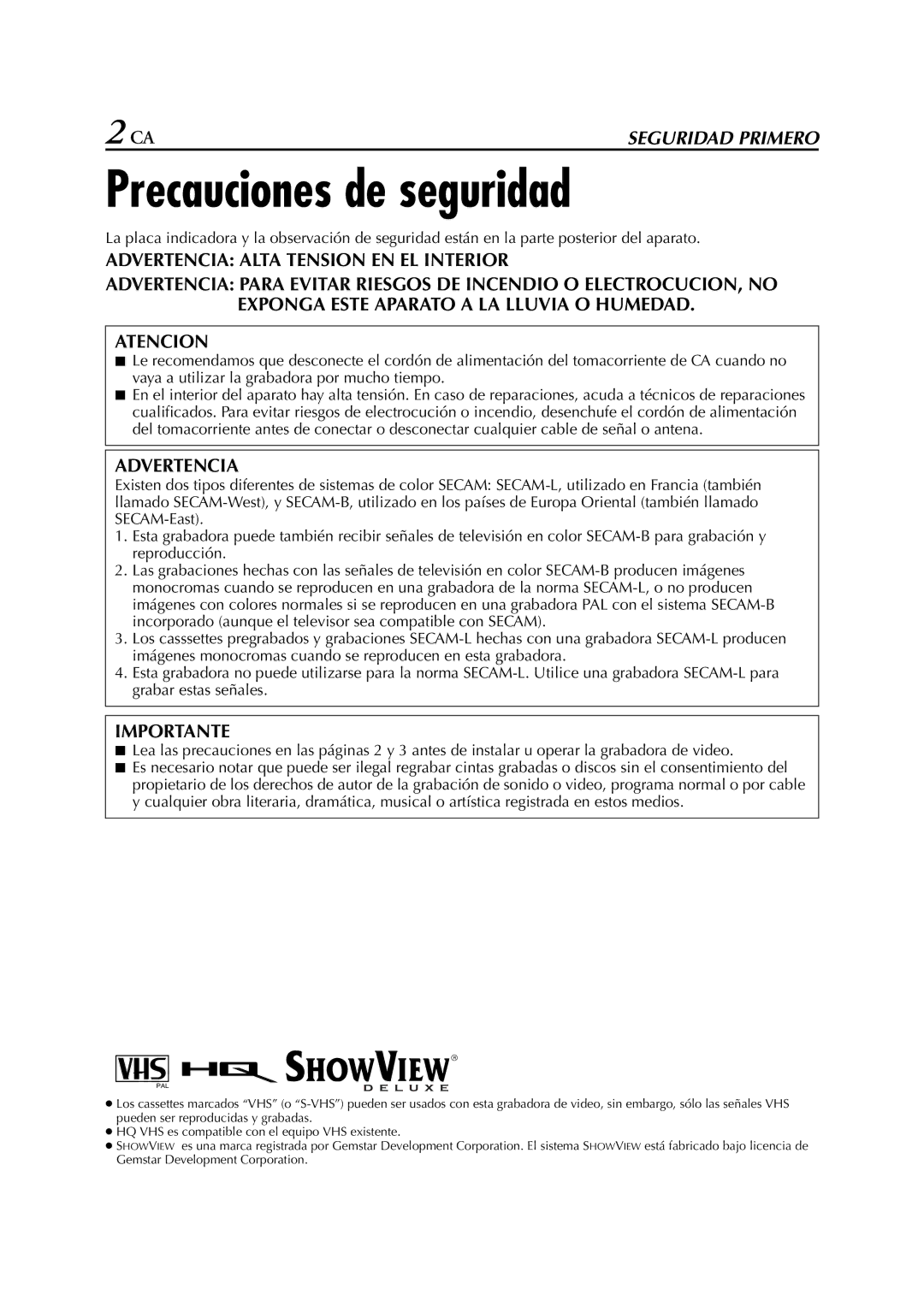 JVC HR-J670EU, HR-J470EU, HR-J672EU, HR-J270EU manual Precauciones de seguridad, Advertencia Alta Tension EN EL Interior 