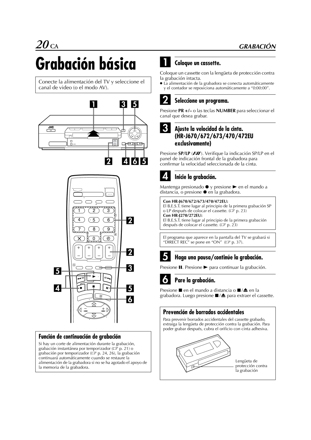 JVC HR-J470EU, HR-J672EU, HR-J670EU, HR-J270EU manual 20 CA 