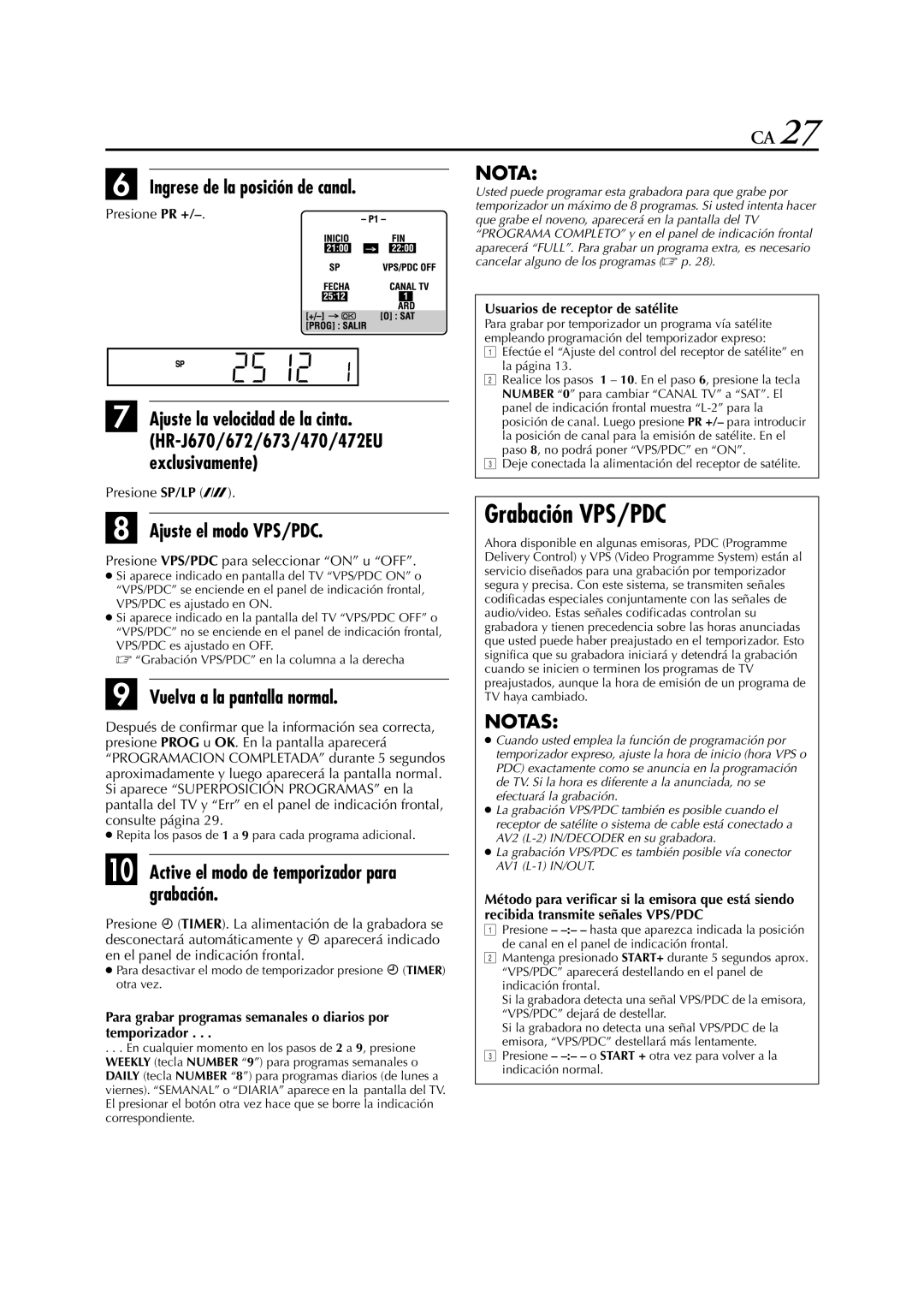 JVC HR-J270EU, HR-J470EU, HR-J672EU, HR-J670EU manual Grabación VPS/PDC, Ingrese de la posición de canal, Presione PR + 