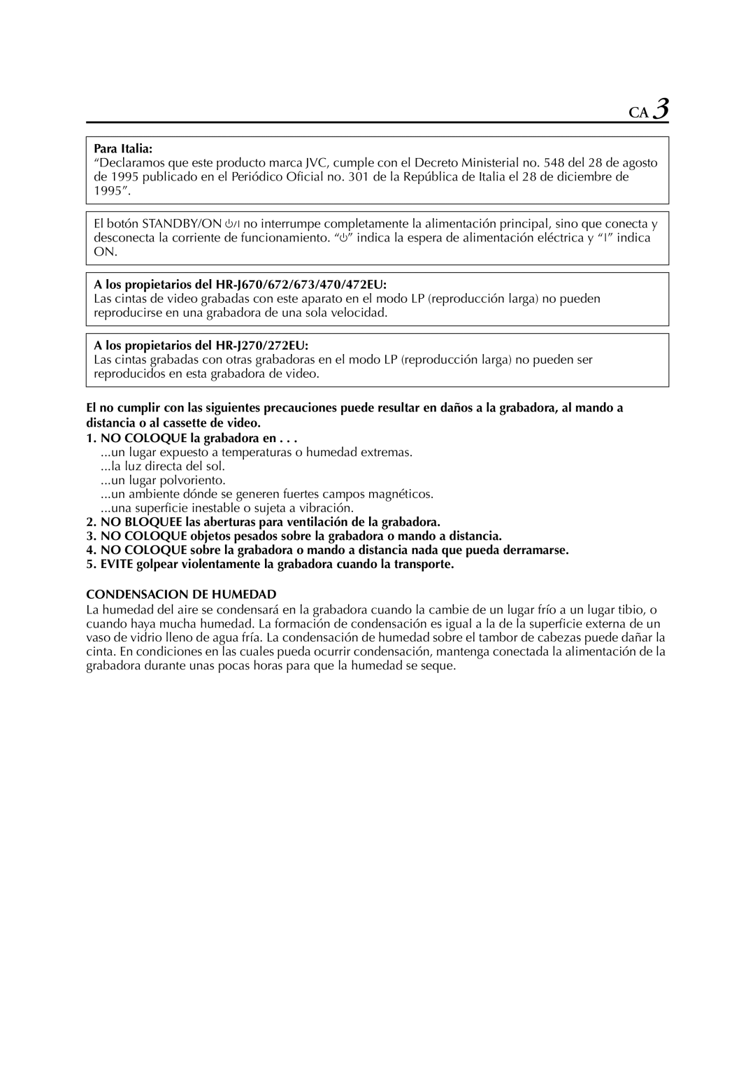 JVC HR-J270EU, HR-J470EU Para Italia, Los propietarios del HR-J670/672/673/470/472EU, Los propietarios del HR-J270/272EU 