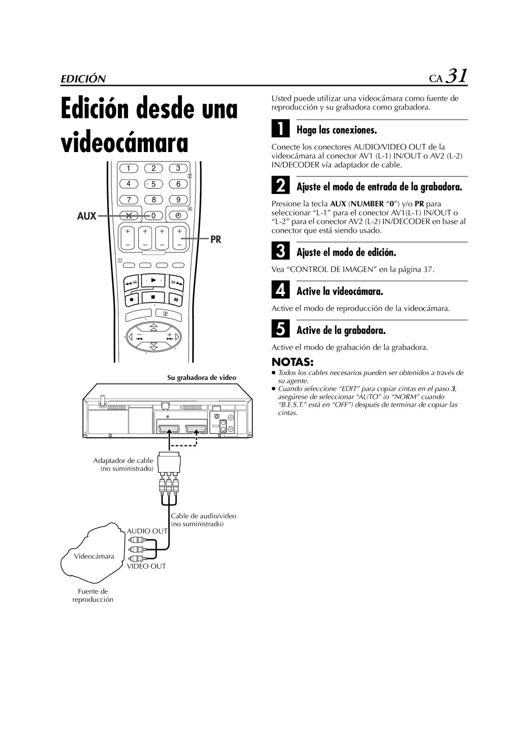 JVC HR-J270EU, HR-J470EU, HR-J672EU, HR-J670EU manual Ajuste el modo de edición, Active la videocámara, Active de la grabadora 