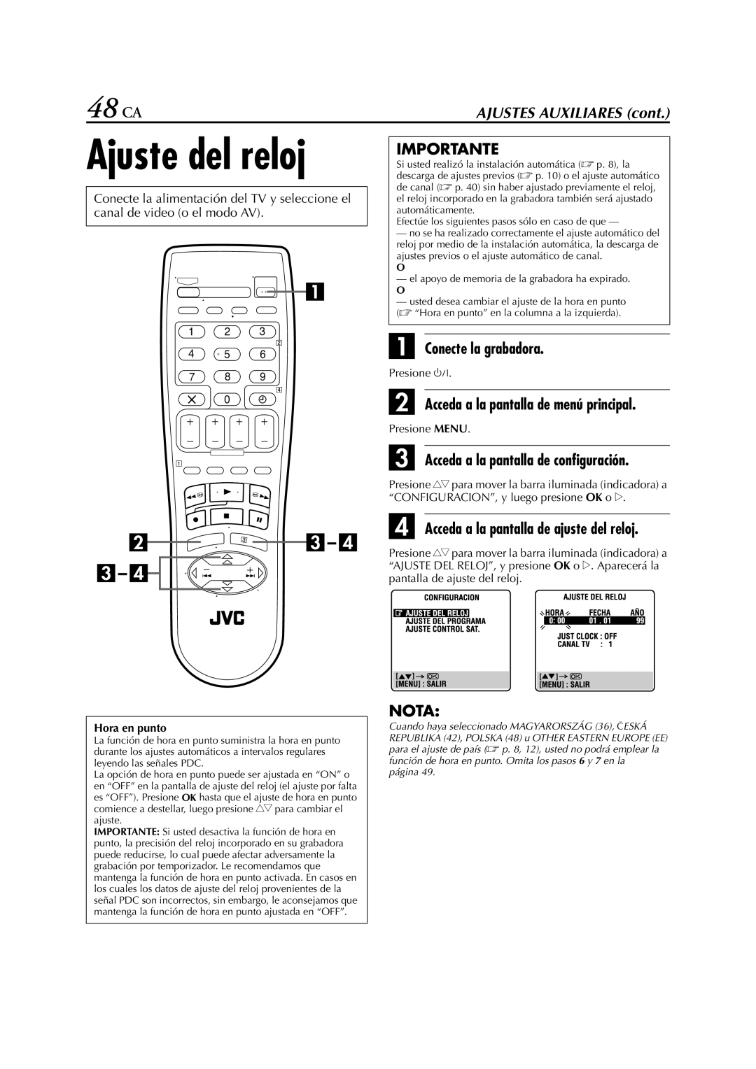 JVC HR-J470EU, HR-J672EU, HR-J670EU, HR-J270EU manual Ajuste del reloj, 48 CA, Acceda a la pantalla de ajuste del reloj 