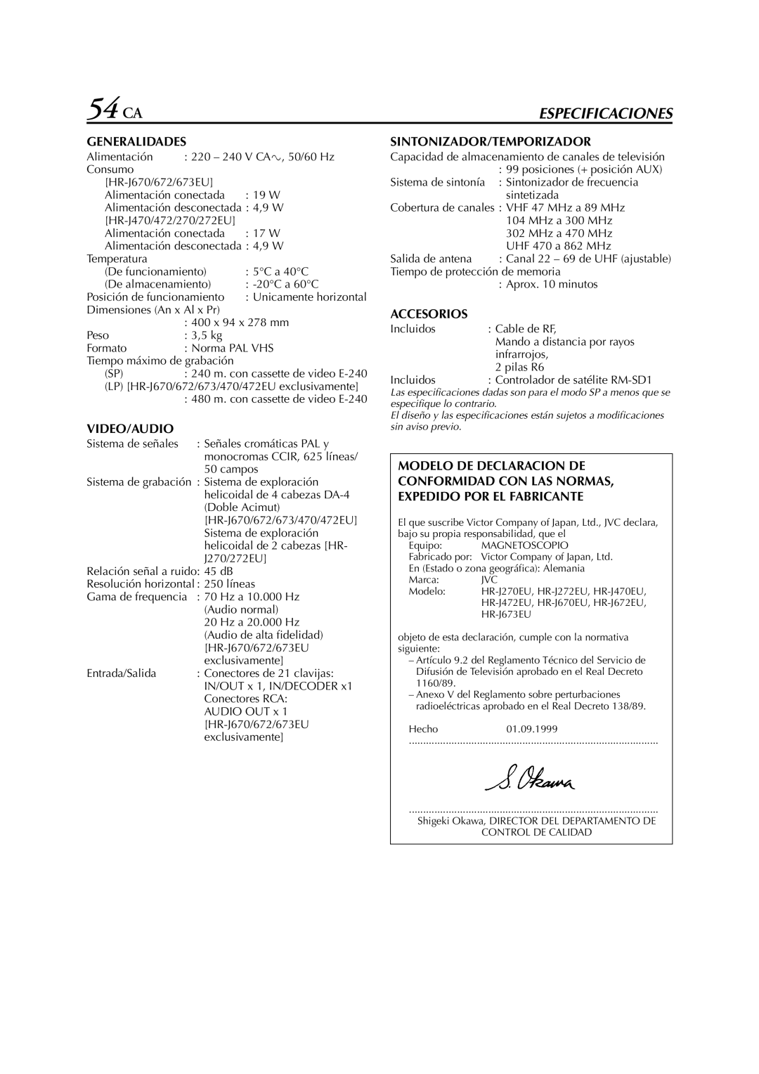 JVC HR-J670EU, HR-J470EU, HR-J672EU, HR-J270EU manual 54 CA, Tiempo de protección de memoria, Aprox minutos 