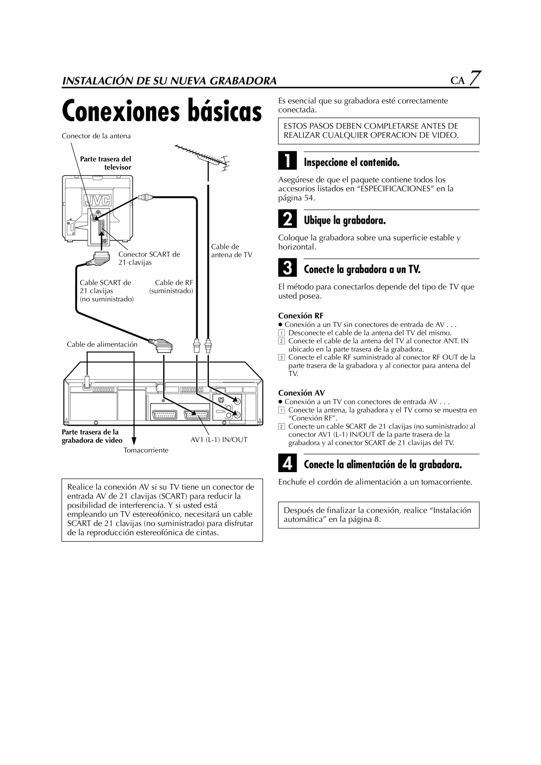 JVC HR-J270EU manual Inspeccione el contenido, Ubique la grabadora, Conecte la grabadora a un TV, Conexión RF, Conexión AV 